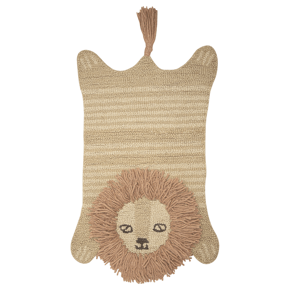 Crane baby lion shaped rug shown on white background