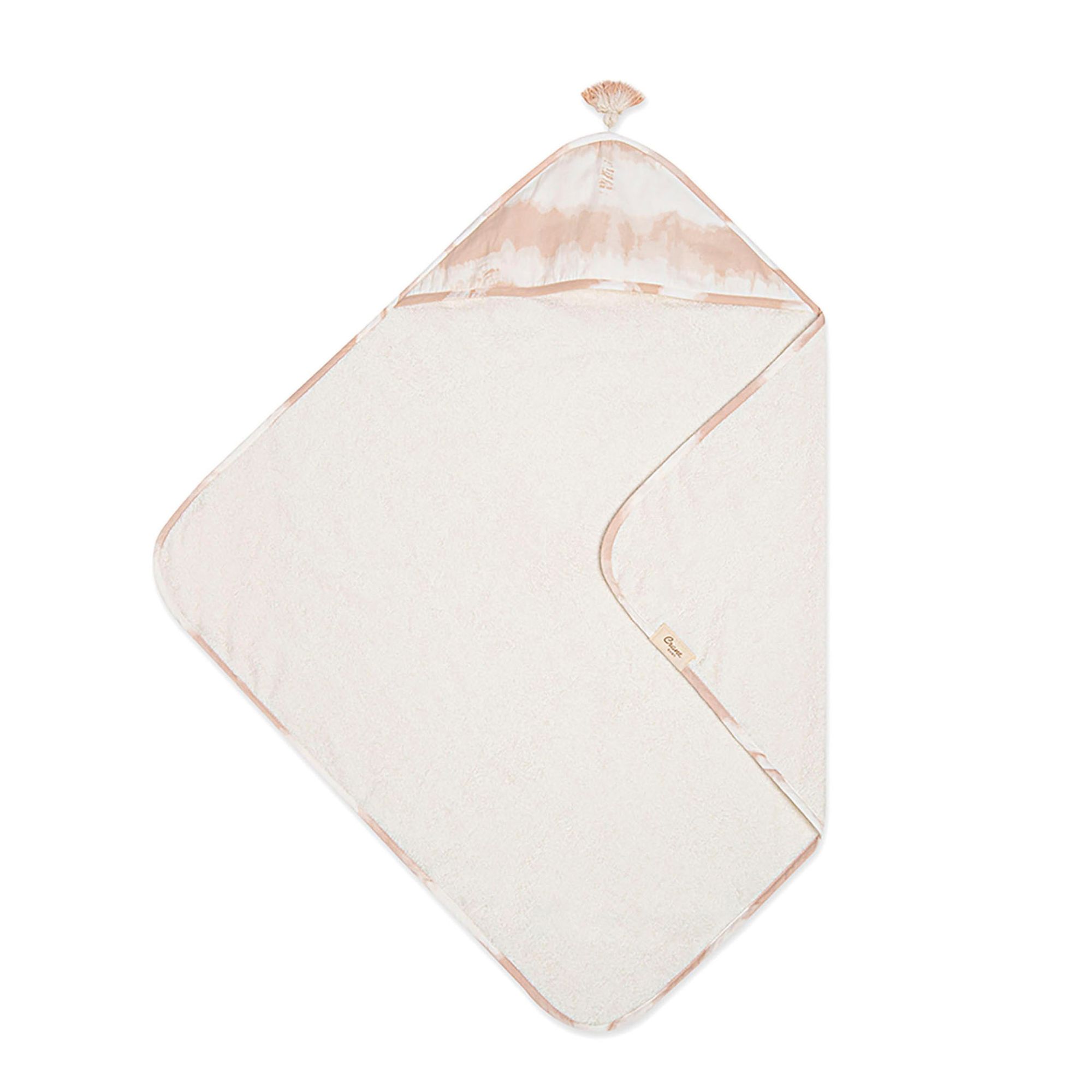 A pink and white tie-dye hooded towel for a baby